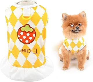 SMALLLEE_LUCKY_STORE Pet Cute Strawberry Geometric Pattern Shirt Dress Puppy Harness Dress with D-Ring for Small Dog Cat Girls Sleeveless Yorkie Chihuahua Teacup Summer Clothes,Yellow,XXL