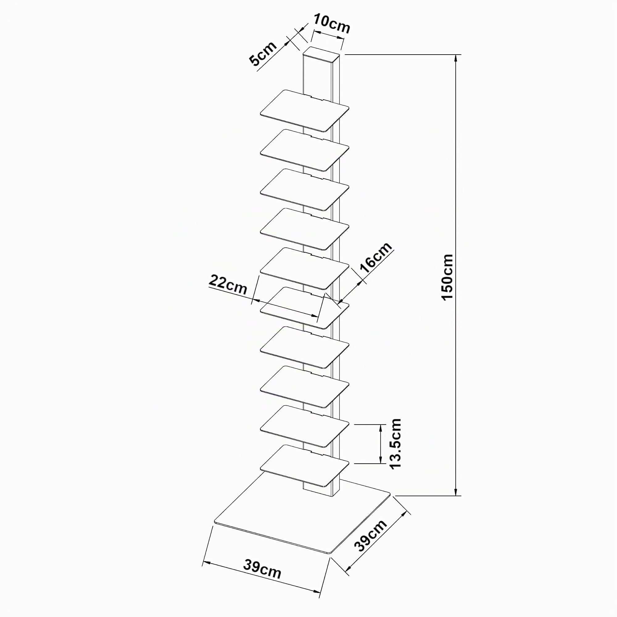 [en.casa] Bibliothèque Autoportante avec 10 Étagères pour CD DVD Livres Meuble de Rangement Polyvalente Design pour Salon Chambre Bureau Acier 150 x 39 x 39 cm Noir Mat
