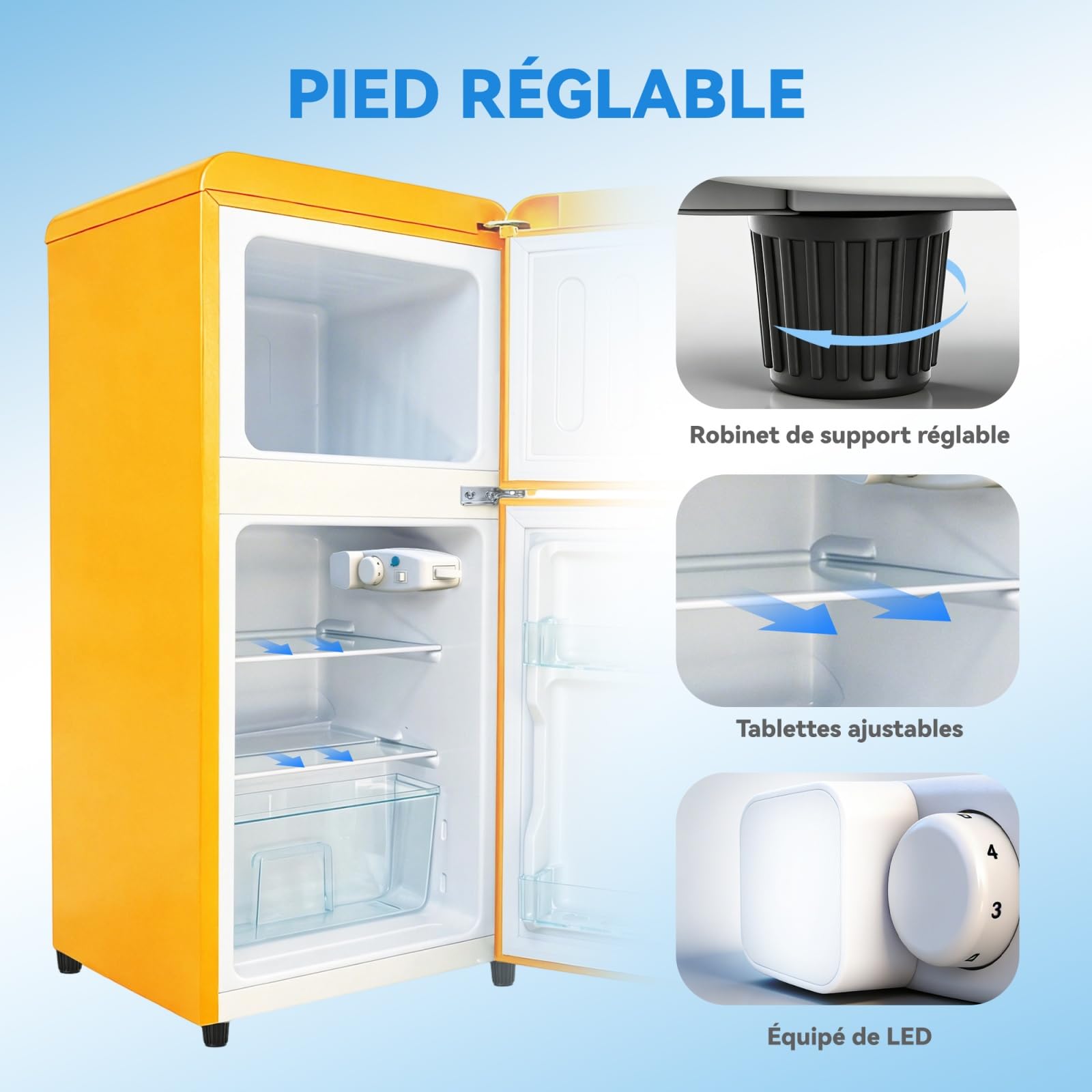 Mini Frigo Congélateur Combiné 2 Portes 60 L Compact 41 cm (Jaune) | -18°C freezer, 45 dB silencieux, 7 niveaux 0-10°C, LED, étagères réglables, pour Chambre, Bureau et Salon, 41×45×89 cm