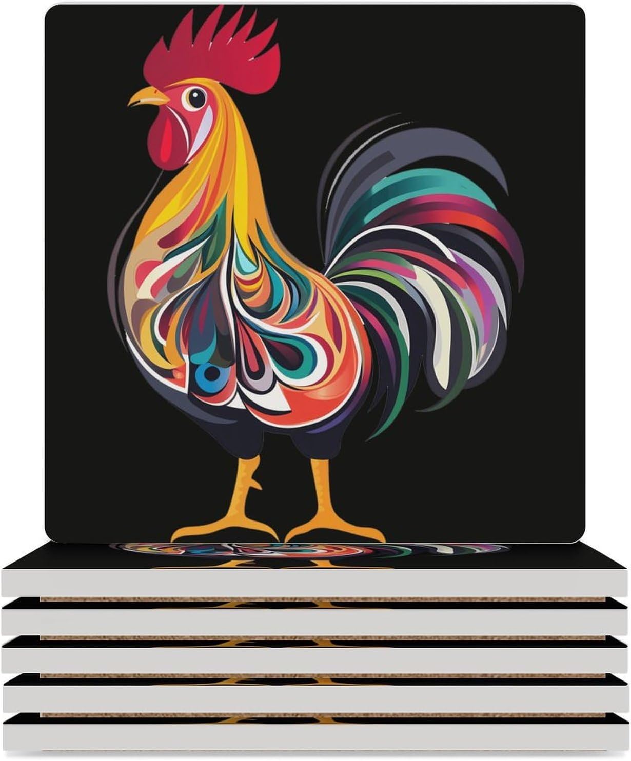 Funny Chicken Rooster Ceramic Coasters Set Square Drink Coasters Table Coaster for Kitchen Desktop Decor