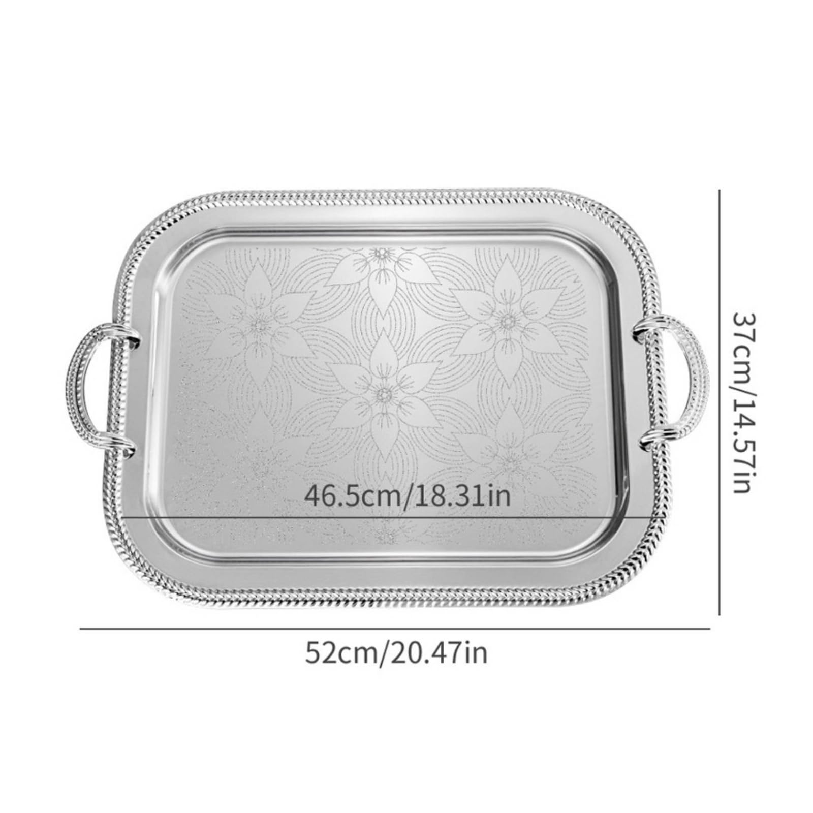 Baoblaze Bandeja Industrial Bandeja para Servir Bandeja Metálica Bandeja Rectangular Bandeja con Asas Hierro con Acabado Espejo y Diseño Grabado Adecuada para, Plata, Grande