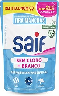 Tira Manchas Sem Cloro Mais Branco Sachê Saif 500Ml, Saif, Removedor De Manchas De Roupas Brancas, Azul, Mais Poderoso Na Remoção De Manchas, Roupas Brancas Mais Brancas, Embalagem Econômica