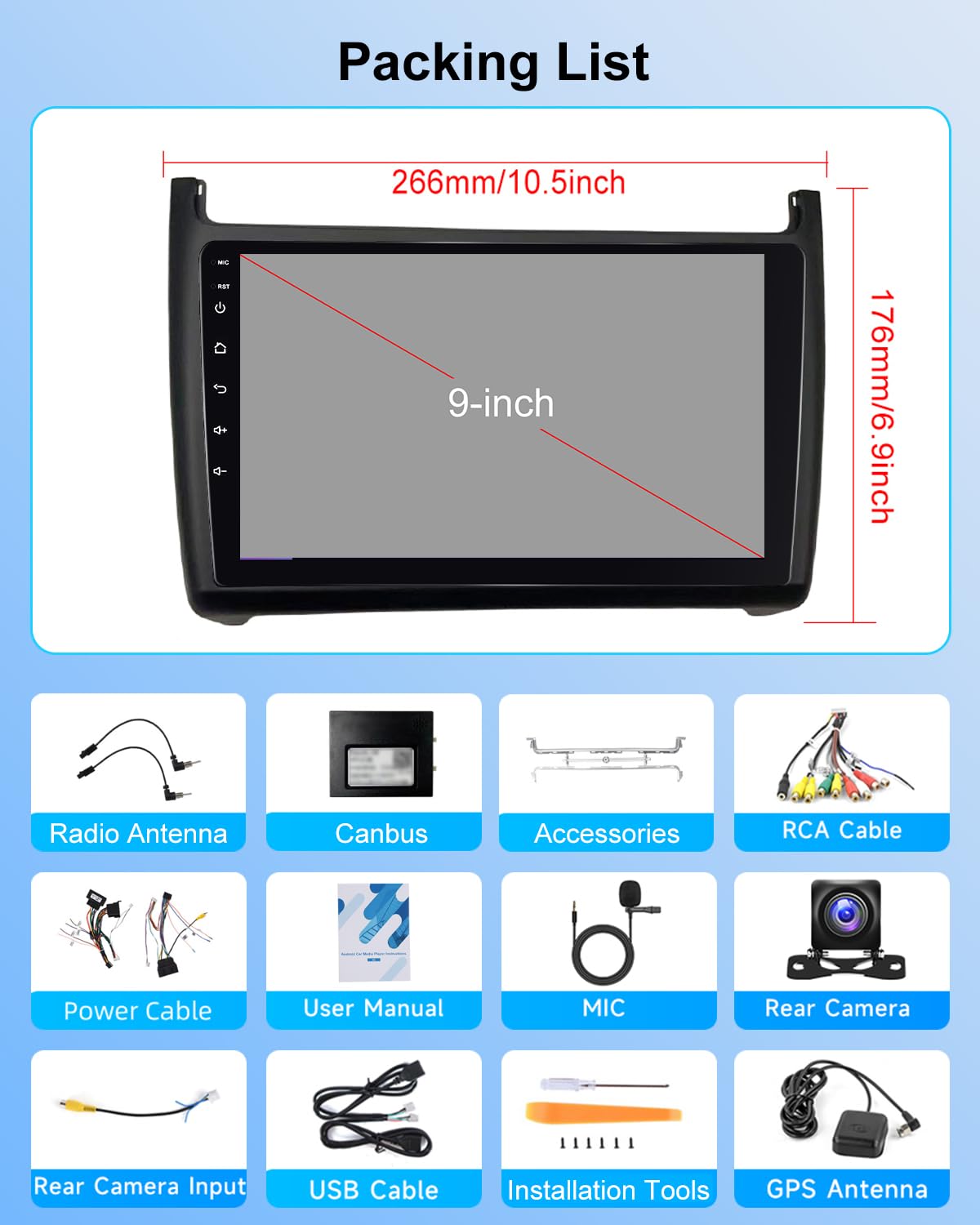 NHOPEEW 2G+64G Android Autoradio per VW Polo 6R 2009-2017 - Senza fili Carplay e Android Auto - 9 pollici Android Stereo con WiFi EQ GPS Mirror Link FM RDS + AHD Telecamera posteriore&Mic