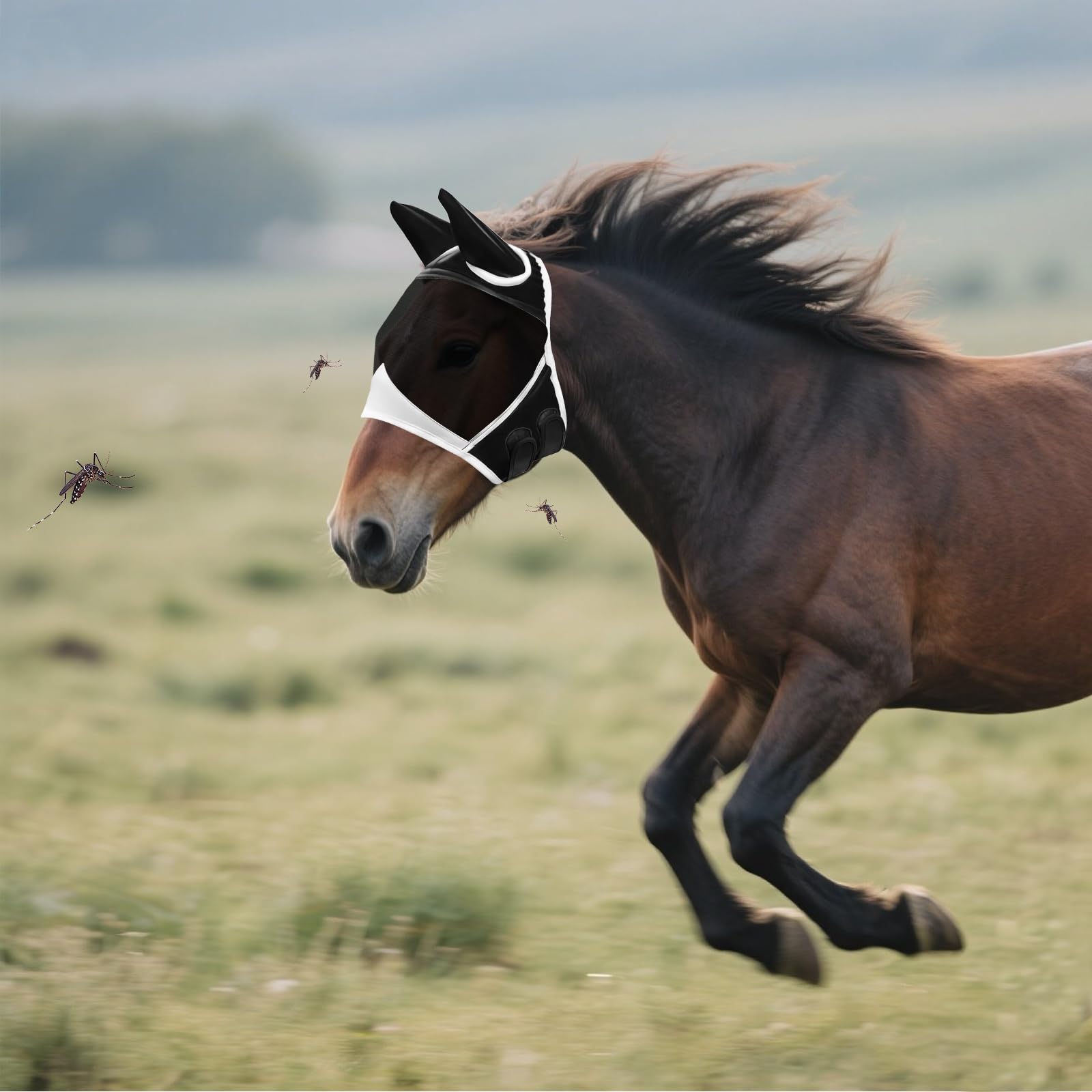 Máscara antimoscas para caballos transpirable malla fina ajustable protección orejas antiUV negro L