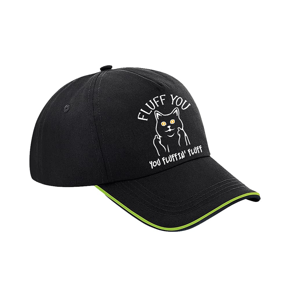Getagift Unisex Black Lime Green Fluff You, You Fluffin' Fluff – Funny Rude Cat Adult Humorous Gift For Him Or Her, Colleague, Friend, Kitten, Animal Owner Authentic Piped 5 Panel Cap. (Black Lime Green)