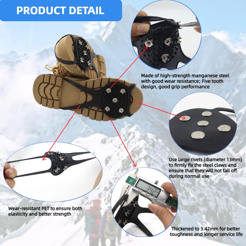 TATDBEUHW Ice Traction Cleats - 2 Pairs Universal Fit Anti-Slip Gripper Spikes with 5 Stainless Steel Studs for Winter Sports and Safety