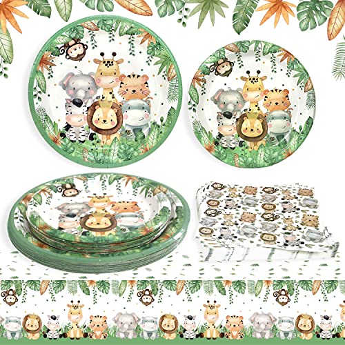 Heboland Décorations de fête d'anniversaire Jungle Safari pour 25 invités, assiettes sauvages, serviettes et nappe jetables pour fête prénatale pour garçons Cover