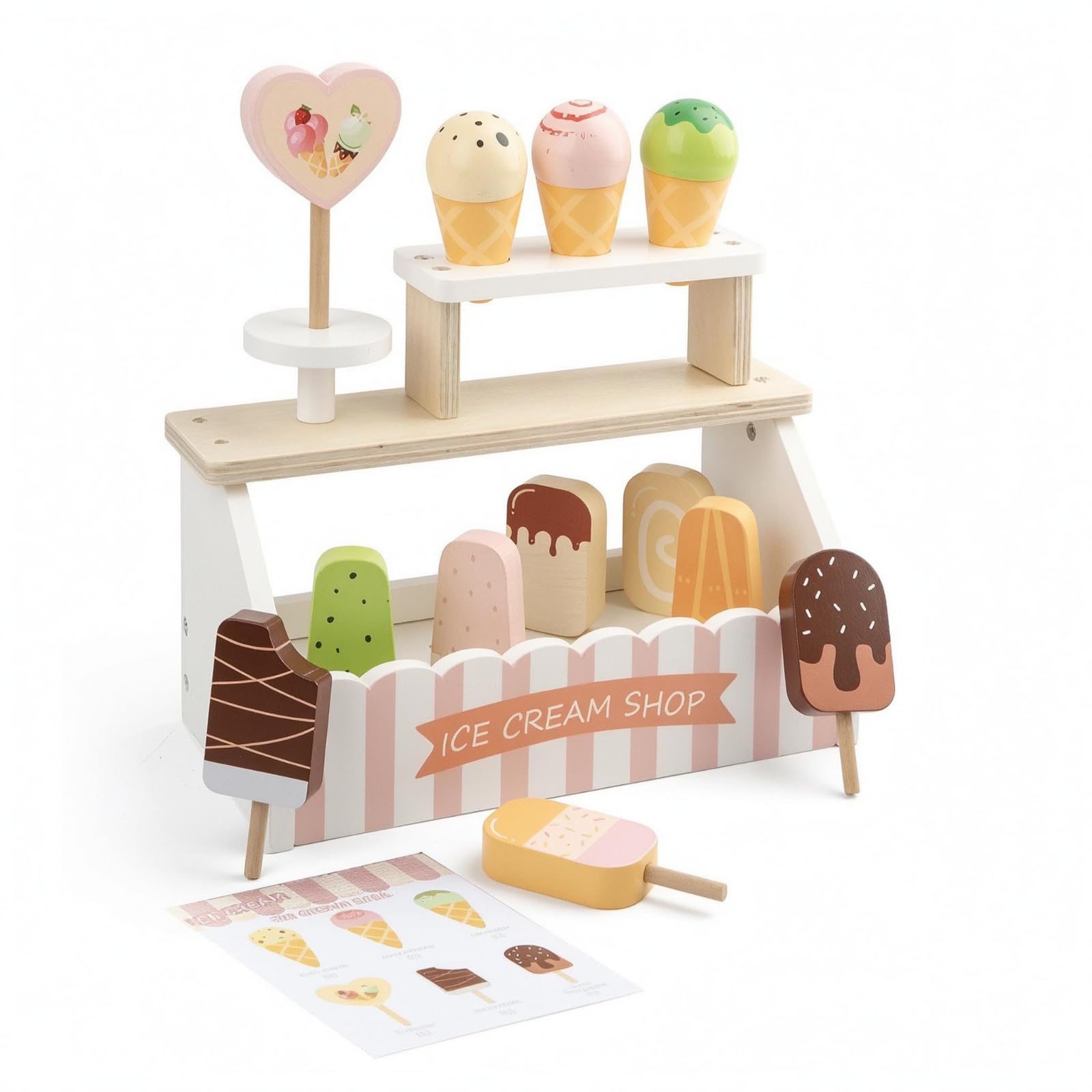 Banco Gelateria Bambini Gioco Stand Negozio Banco Vendita Chiosco Gelati Set con Gelati in Legno E Lavagnetta Menu per Interazioni Cliente Adatto per Casa Asilo Regali