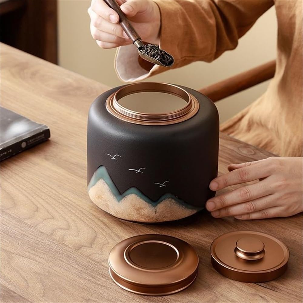 Kanister für Tee, Kaffee und Zucker Teedose aus Keramik mit spiralförmigem Doppeldeckel und versiegeltem Vorratsglas(Weiß,Klein)