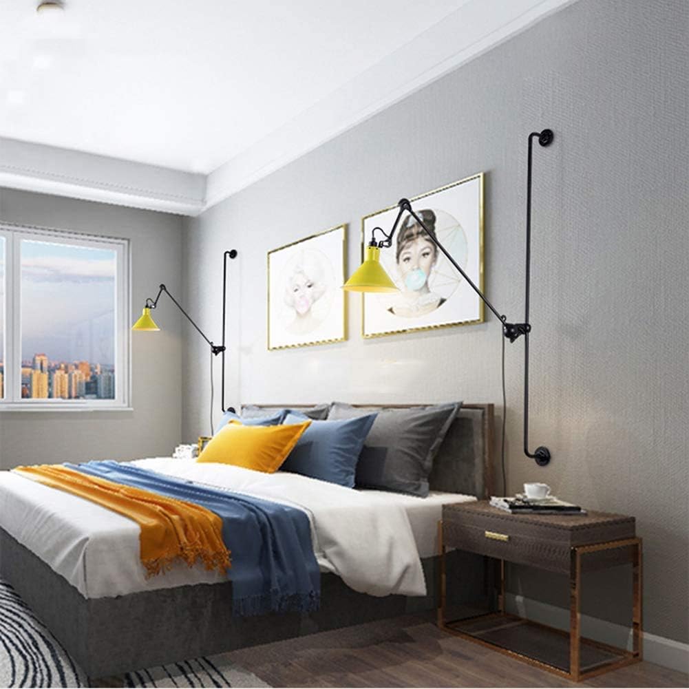 E27 Wandlampe mit Schalter und Kabel Stecker Vintage Verstellbare Flexible Langer Arm Leselampe Industrielampe Schwenkbar Teleskop Wandleuchte Wohnzimmer Schlafzimmer Nachttischlampe