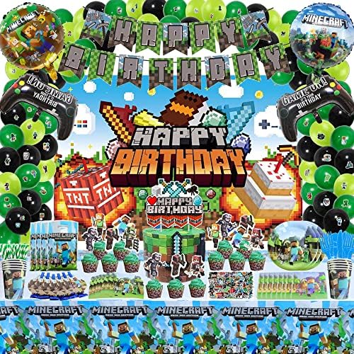 294 PCS Pixel Birthday Party Supplies, Miner Theme Video Game Party Decoration Include Balloons, Backdrop, Tablecloth, Cake topper, Plates, Gift Bags, Stickers Party Favors for Serves 10 Guests