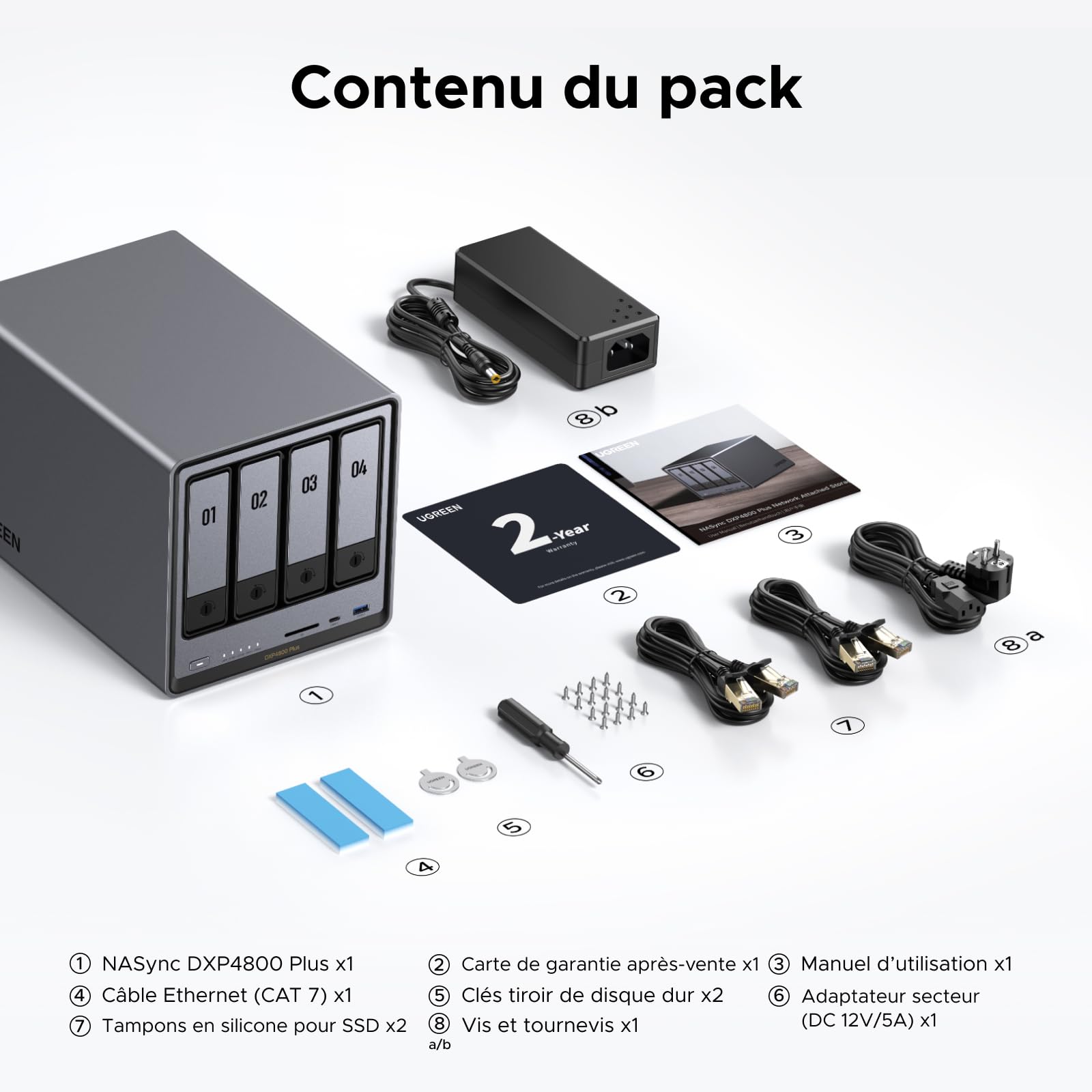 UGREEN NASync DXP4800 Plus, NAS 4 Baies, Intel Pentium Gold 8505 (5 cœurs), 8Go DDR5, 128Go SSD, 10GbE + 2,5GbE, 2 emplacements M.2 NVMe, HDMI 4K (sans Disque)