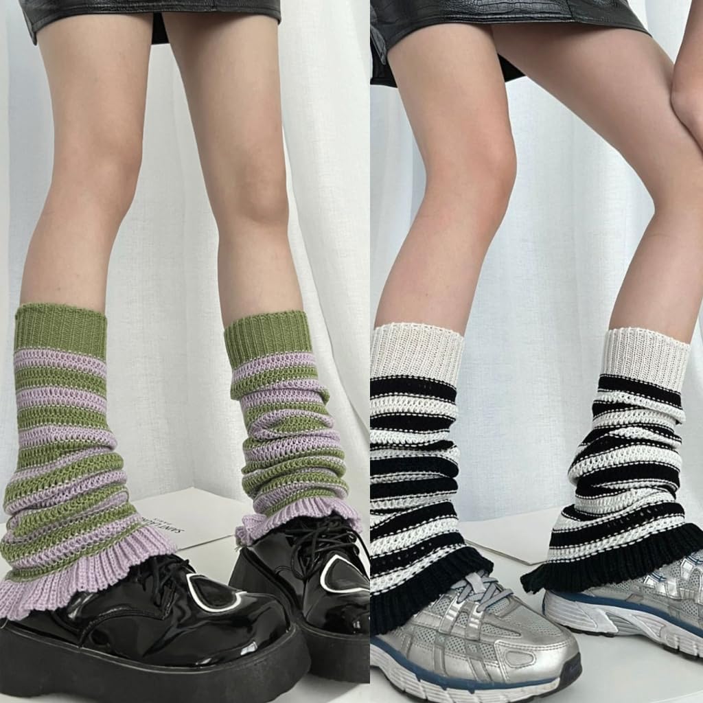 Girls Lolitas Leg Warmers Stripe Knitted Flared Leg Sleeves Baggy Cuff Ankle Heap Socks Uniform Foot