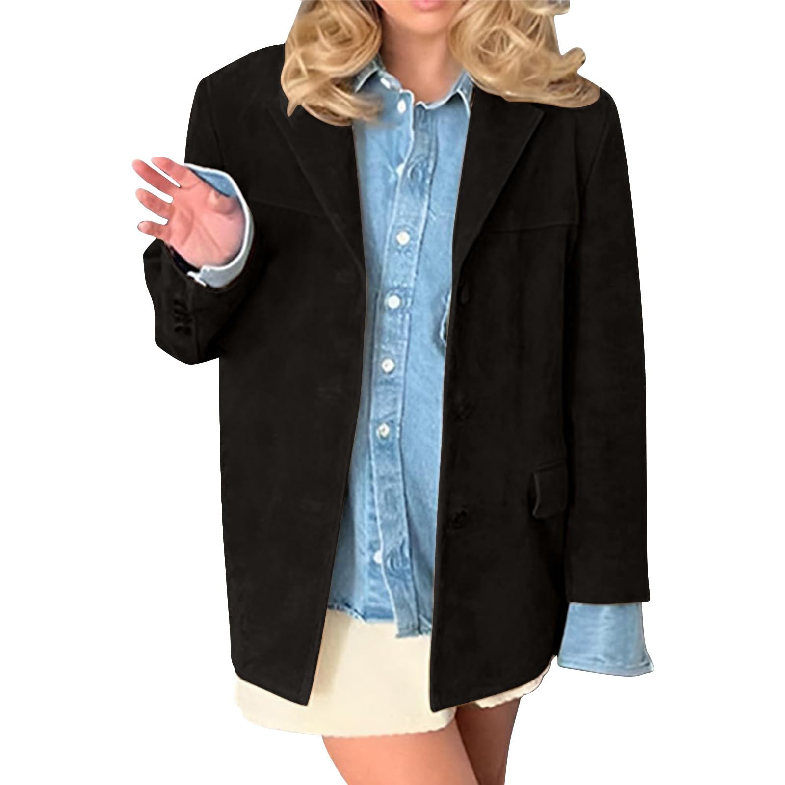 Blazer long pour femme - Noir - Tenue d'affaires - Veste élégante - Courte - Oversize - Costume traditionnel - Manteau court - Long blazer festif - Cardigan élégant