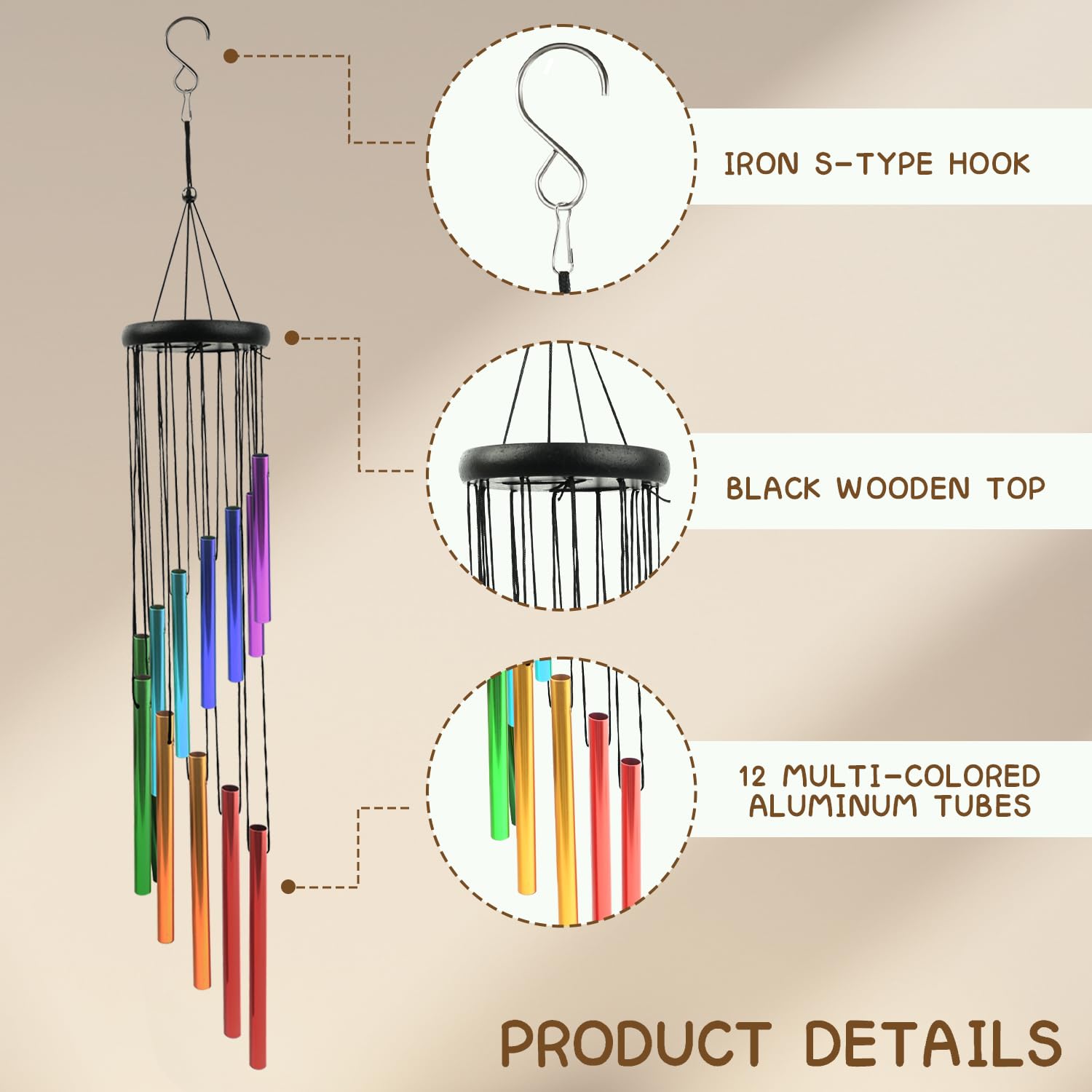 Carillon Éolien Jardin 12 Tubes Aluminium Colorés - Décoration Suspendue Extérieur Intérieur Mélodie Apaisante