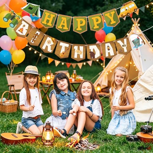 Image of Hooqict Happy Birthday Banner Camping Birthday Decorations Camping Party Banner Garland for Summer Camp Outdoor Hiking Forest Themed Party Decorations