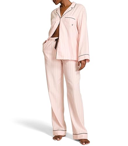 Victoria's Secret Flannel Pajama Set, Long Sleeve Button Down Shirt & Pants, Sleepwear for Women (XS-XXL) - Pink Iconic Stripe - Medium