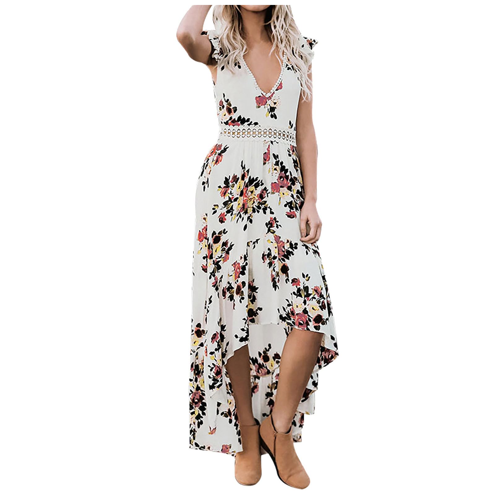 Women's Fall Dresses 2023 Fashion Solid Sexy V Neck Sleeveless Beach Flowy Party Maxi Dresses, S-3XL