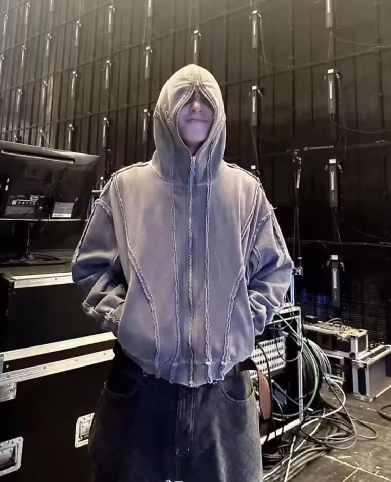 Men's Y2K Gothic Zip Up Hoodies Trendy Grinding Edge Masked Hoodies Hip-Hop Washed Jacket2