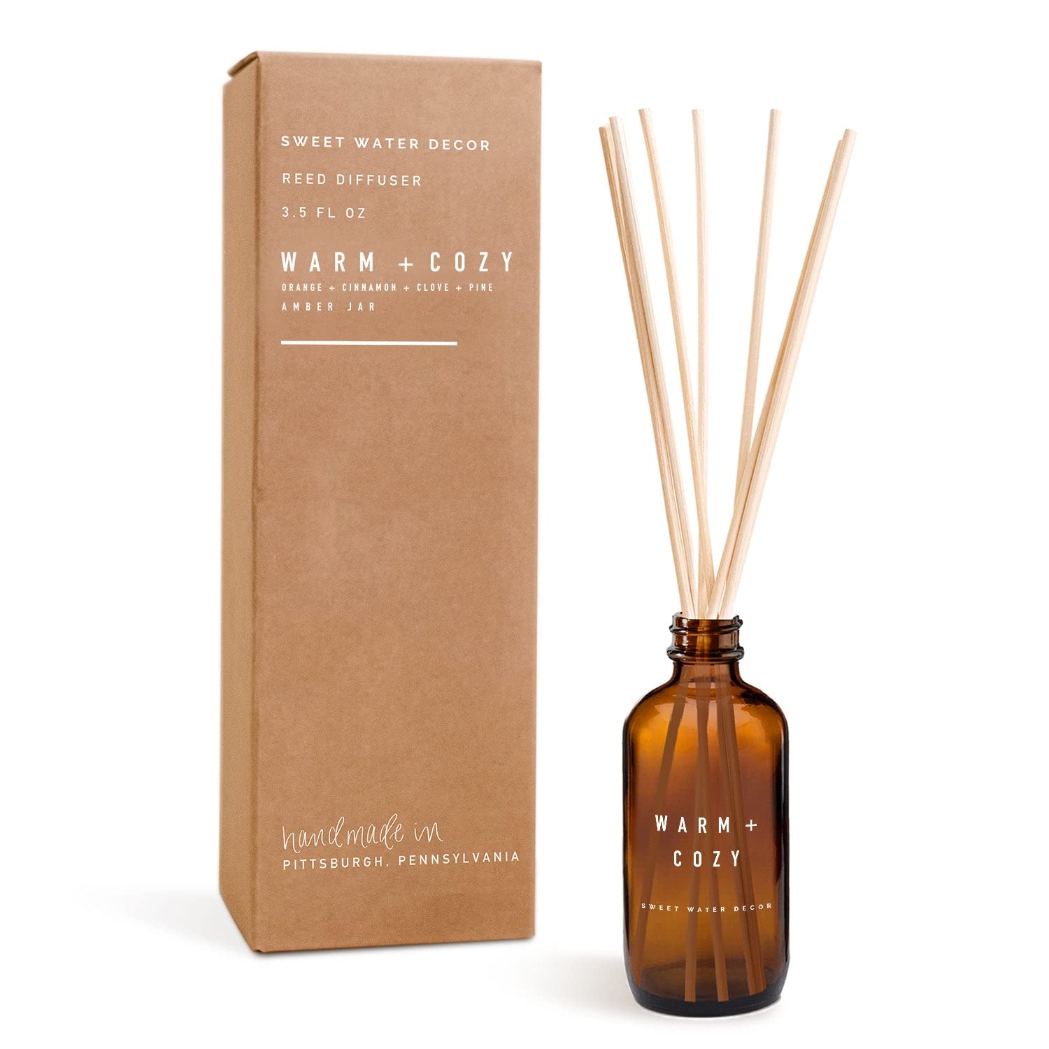Sweet Water Decor Warm and Cozy Reed Diffuser Set - Fall and Winter Reed Diffuser Set for Home - Orange, Cinnamon, Ginger, Clove Scented Room Fragrance - Lasts 4+ Months, Made in The USA