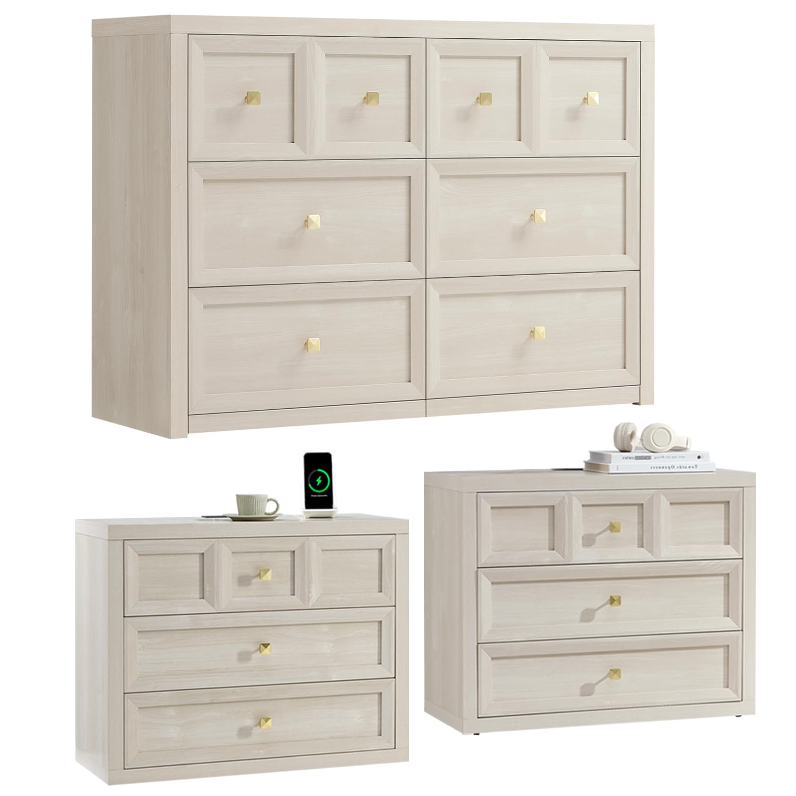 NOWABAY 3 Piece Dresser Set with Charging Station, Grey White