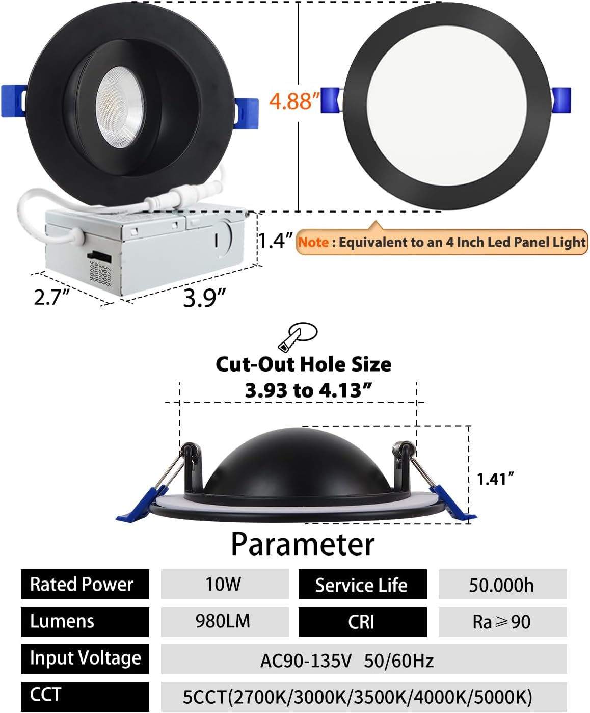 Adetu 4 inch 5CCT Gimbal Black Led Recessed Lights, 360°+90° Adjustable Directional Recessed Lighting, 2700K/3000K/3500K/4000K/5000K Dimmable Eyeball Canless Downlight with Jbox, ETL (Black, 8 Pack)