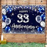 Happy 33rd Anniversary Backdrop Banner Decor Navy Blue – Silver Glitter Happy 33 Years Wedding Anniversary Party Theme Decorations for Women Men Supplies