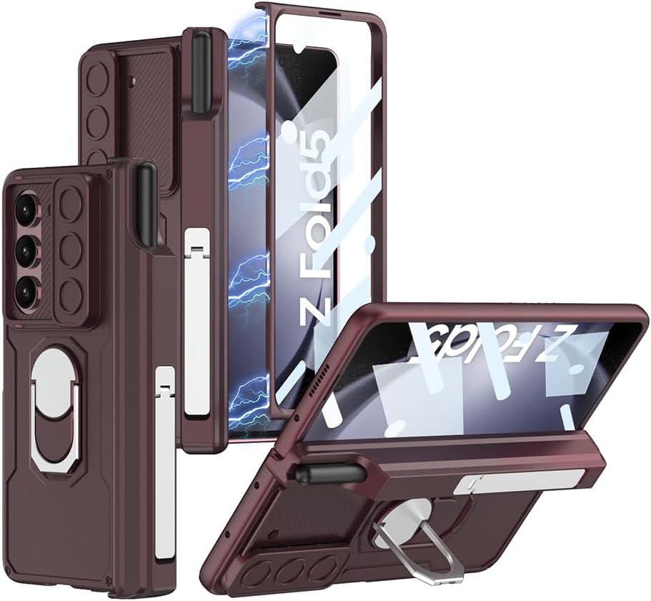 SHIEID for Galaxy Z Fold 5 Case with S Pen Holder, Hinge Protection, 360° Ring Magnetic Kickstand, Slide Camera Cover, Front Screen Protector - Perfect for Samsung Z Fold 5 Case, Wine Red