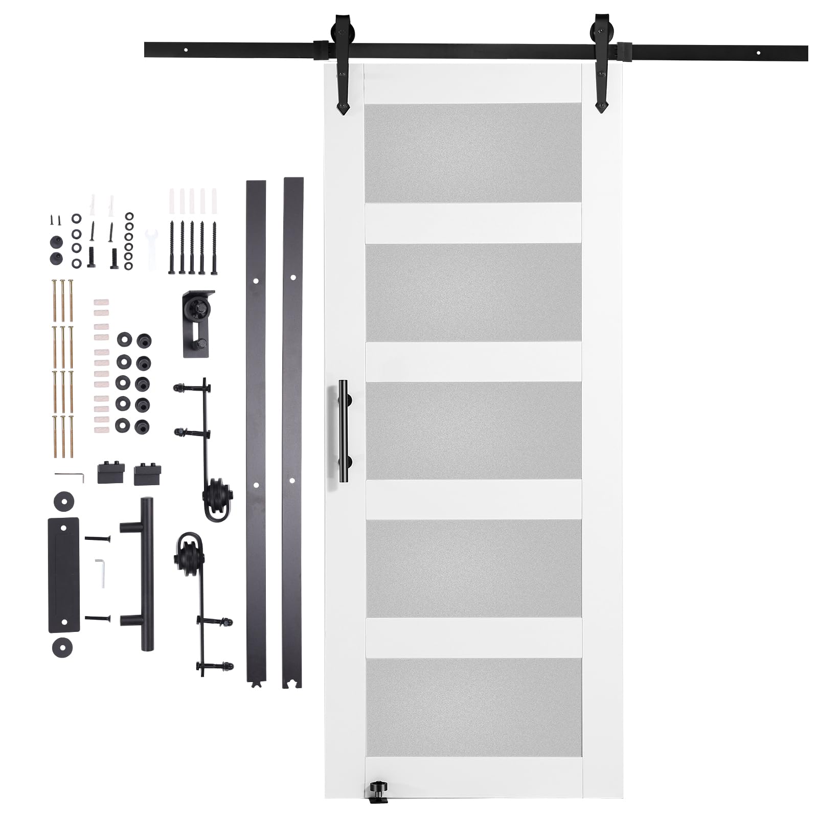 VEVOR Kit de Herrajes y Puerta de Granero Puerta Corrediza de Vidrio de 762 x 2134 mm Puerta de Granero con Guía de Piso 8 en 1, Manija de Puerta, Paneles de Madera de Abeto y Vidrio Esmerilado