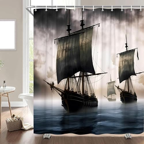 Miniatura 3 de Cortina de ducha con diseño de barco pirata, diseño náutico, barco vikingo, brumoso, océano, mar, vela, negro, decoración de dormitorio, cortinas