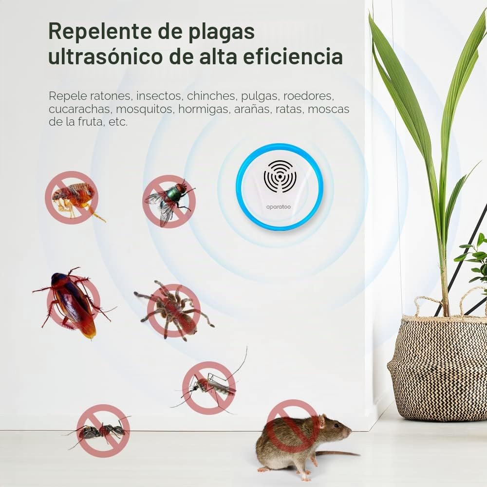 Repelente Ultrasónico de Plagas, 6 Paquetes Electrónico Repelente Mosquitos Control de Plagas, Repelente Ultrasónico Anti Mosquitos para Interiores, Insectos, Moscas, Cucarachas, Arañas, Roedores