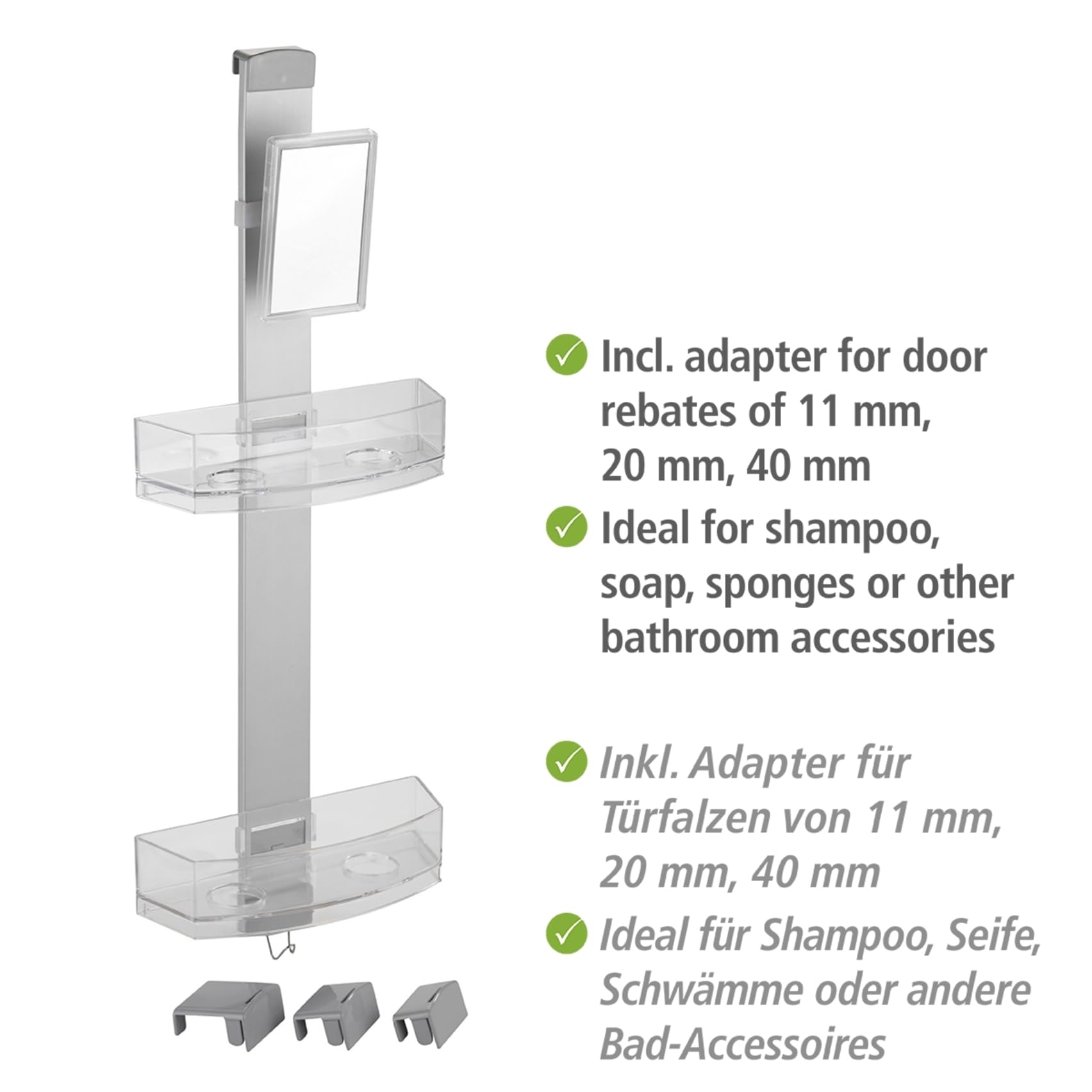 WENKO Duschcaddy Premium, Duschregal mit Antibeschlagspiegel, 2 Ablagen & Edelstahlhaken, einfaches Aufhängen an der Duschwand, Befestigung ohne bohren, aus Aluminium und Kunststoff, 25 x 71 x 10,5 cm