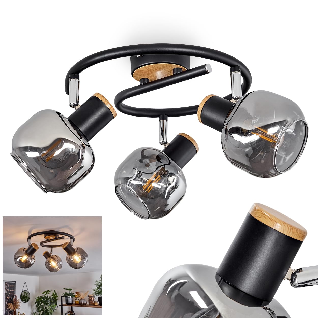 Ceiling lamp Lexington, modern ceiling lamp made of metal/MDF/glass in black/chrome/wood optics/smoke colours, roundel in retro/vintage design with adjustable lampshades, 3-flame, 3x E27, without bulb