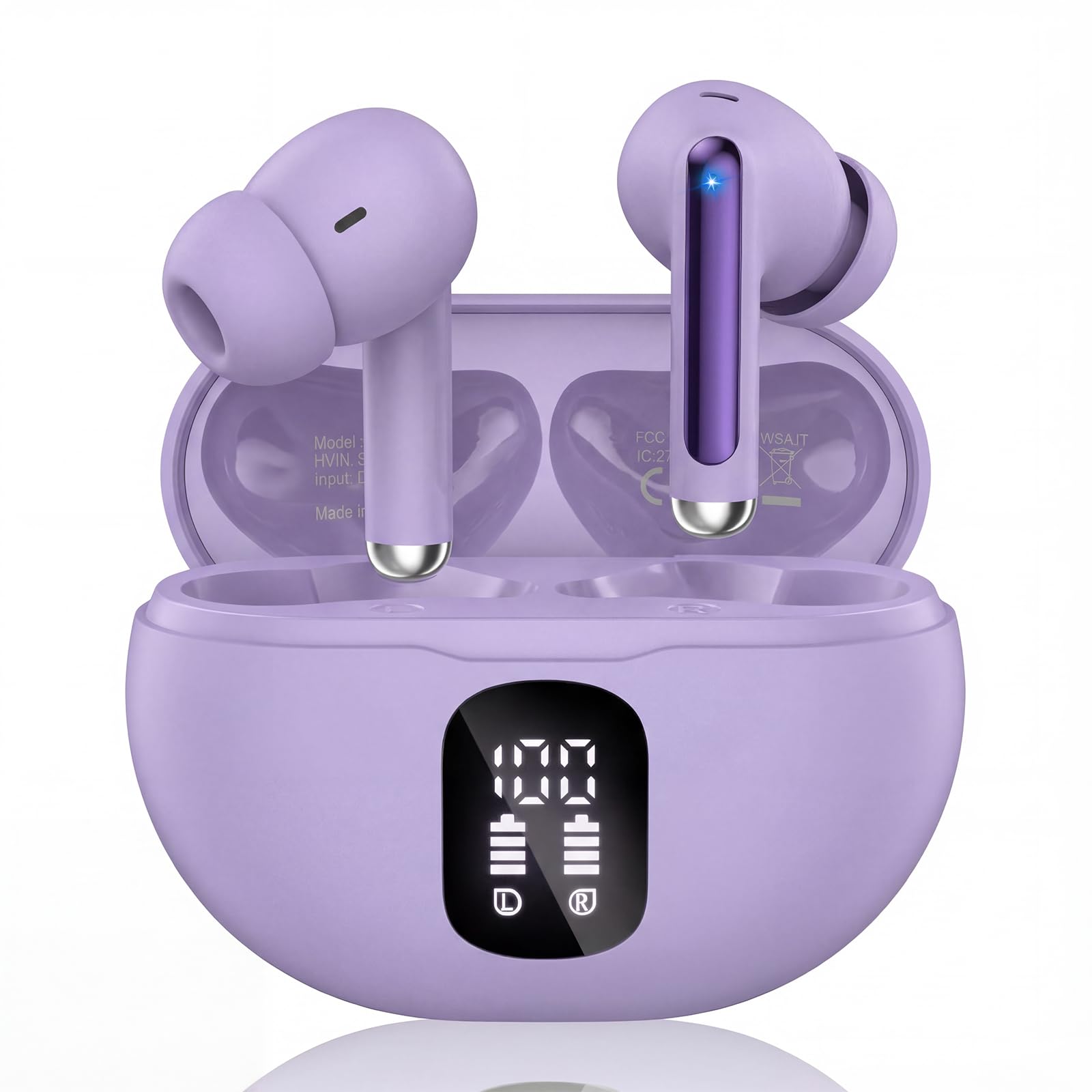 Wireless Earbuds, Bluetooth 5.4 Headphones with 50H Playback, Deep Bass Stereo Ear Buds Clear Calls with LED Power Display, Wireless Headphones with Noise Cancelling Mic for Phone/Laptop, Purple
