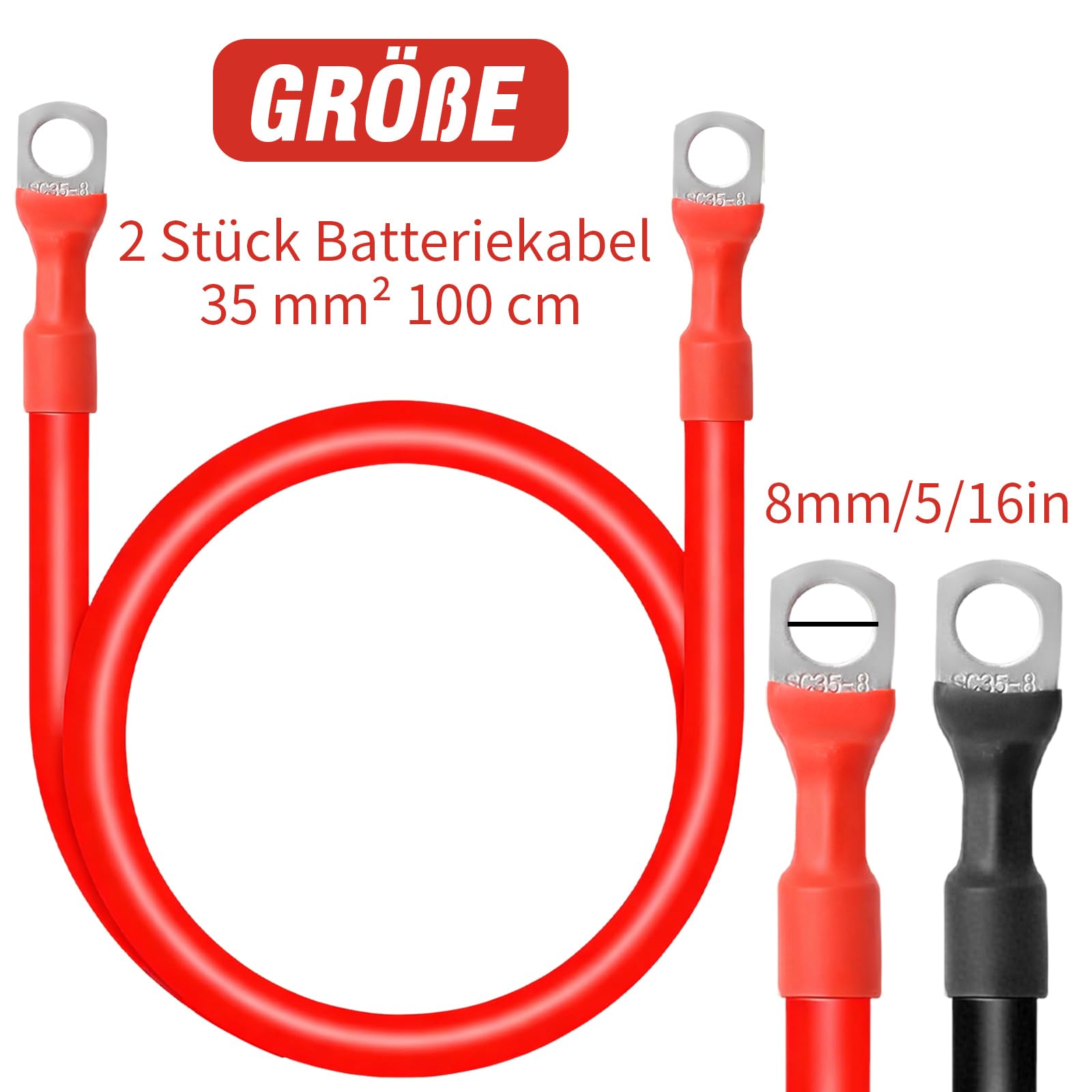 2 cavi batteria 35 mm² 100 cm, 12 V cavo batteria con capicorda ad anello M8, adatto per auto, moto, applicazioni solari e marine
