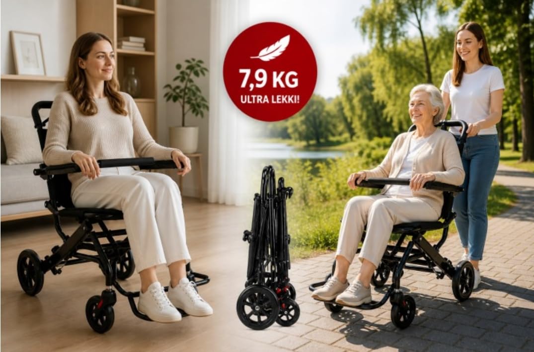 Lekki Wózek Inwalidzki Transportowy 7,9 kg Składany Stalowy, Wózek dla Seniora i Osób Niepełnosprawnych, Hamulce Opiekuna, Pas Bezpieczeństwa, Do Podróży i Codziennego Użytku