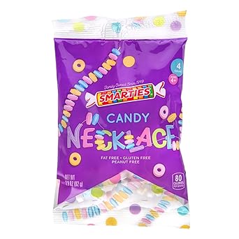 Smarties Candy Necklace - Bulk Candy - Gluten Free & Vegan, Fruit Flavored, Hard Candy on Stretch String - Perfect for Birthdays & Halloween Hard Candy - 4 Necklaces Per Bag 2.9 oz Pack of 1