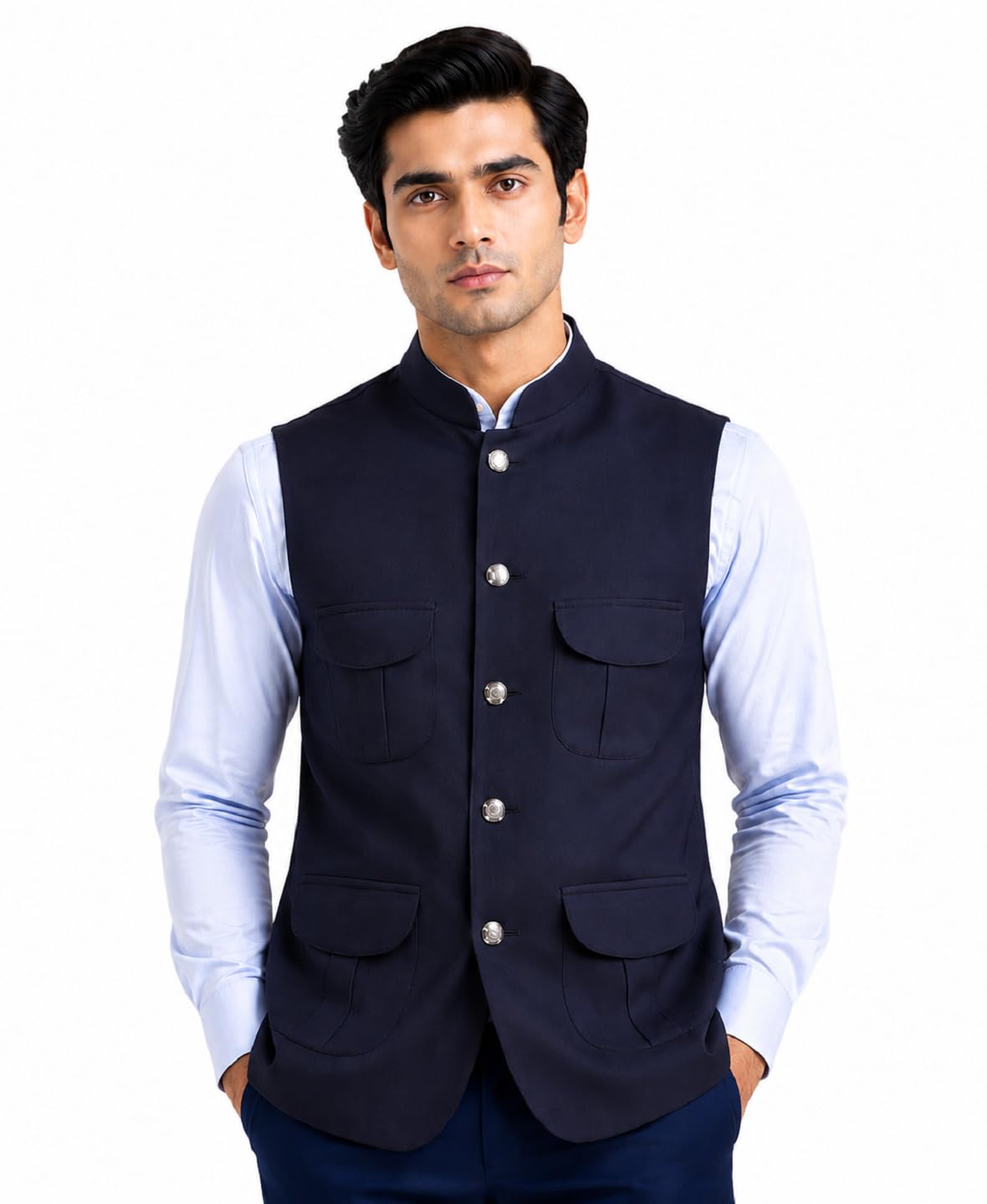 Men's Cotton Blend Nehru Jacket | Self Design Solid Slim Fit Waistcoat | Mandarin Collar | 4 Pocket Ethnic Jacket for Wedding, Festive, Party & Formal Wear-image-24