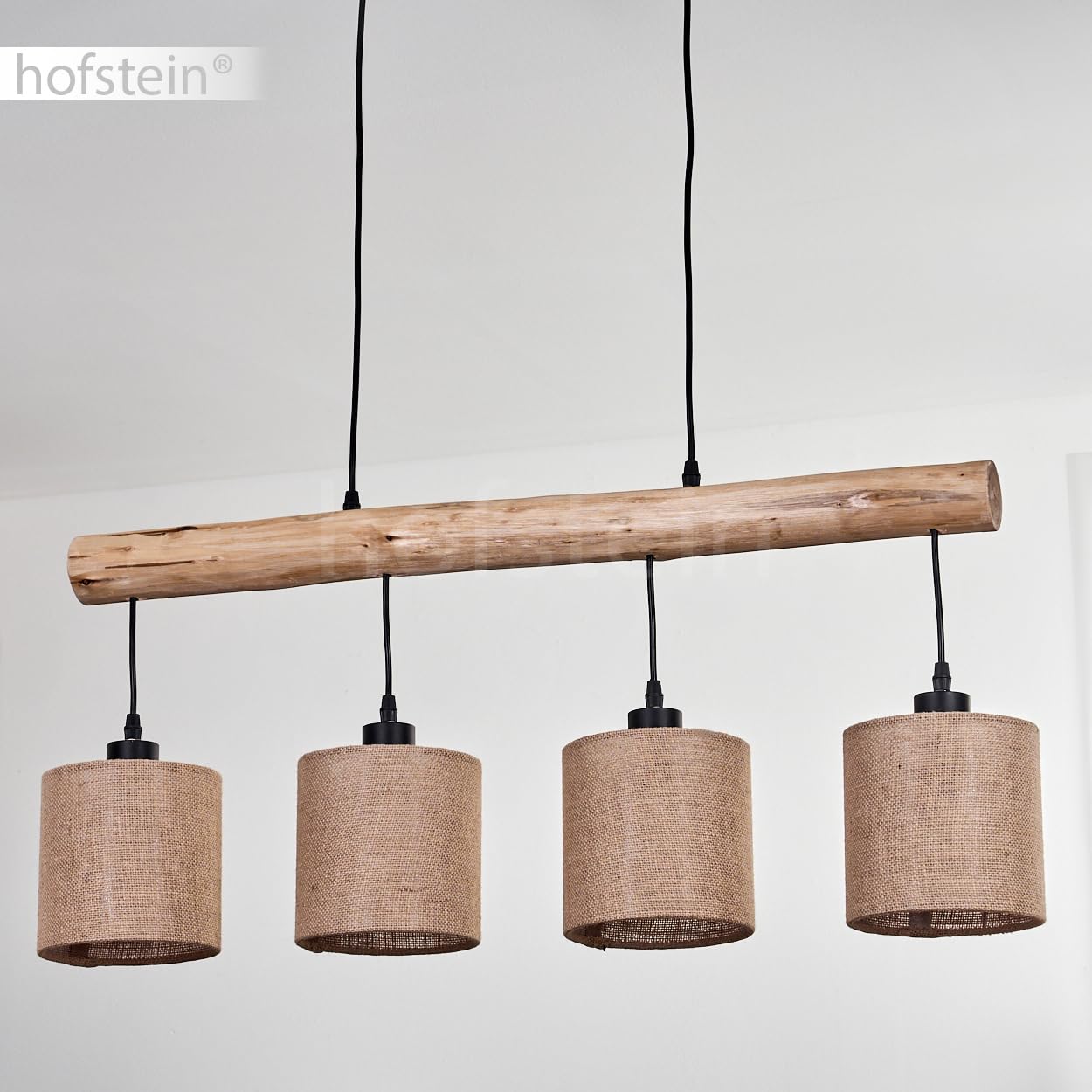 HOFSTEIN Pendelleuchte Soungou, moderne Hängelampe aus Holz/Metall/Leinen in Natur/Schwarz/Beige, 4-flammige Hängeleuchte im skandinavischen Design, Höhe max. 135 cm, 4 x E27, Esszimmer, Wohnzimmer