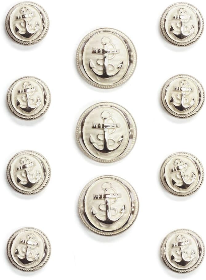 Set of 11 of Hand-Polished Silver Anchor Buttons in Two Sizes, Made in France