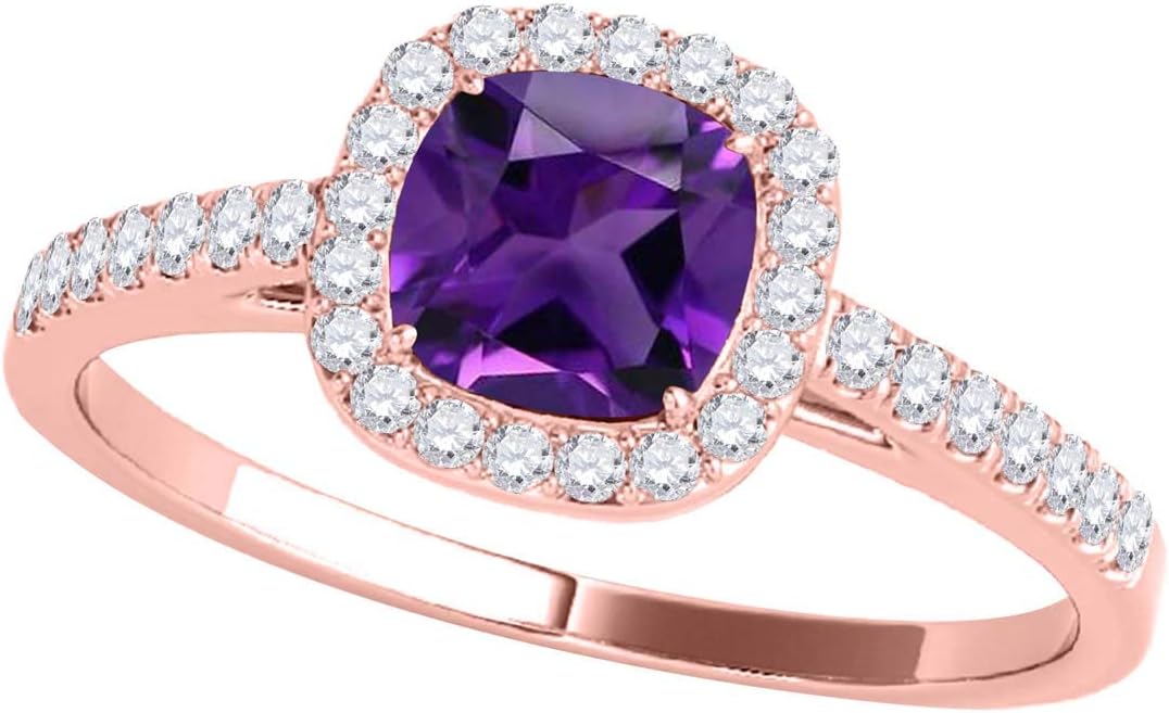 MauliJewels 1.15 CT Natural Amethyst & Diamond Ring in 10K Rose White & Yellow Gold | Cushion Cut Center Stone | Prong Set Bridal Ring for Women