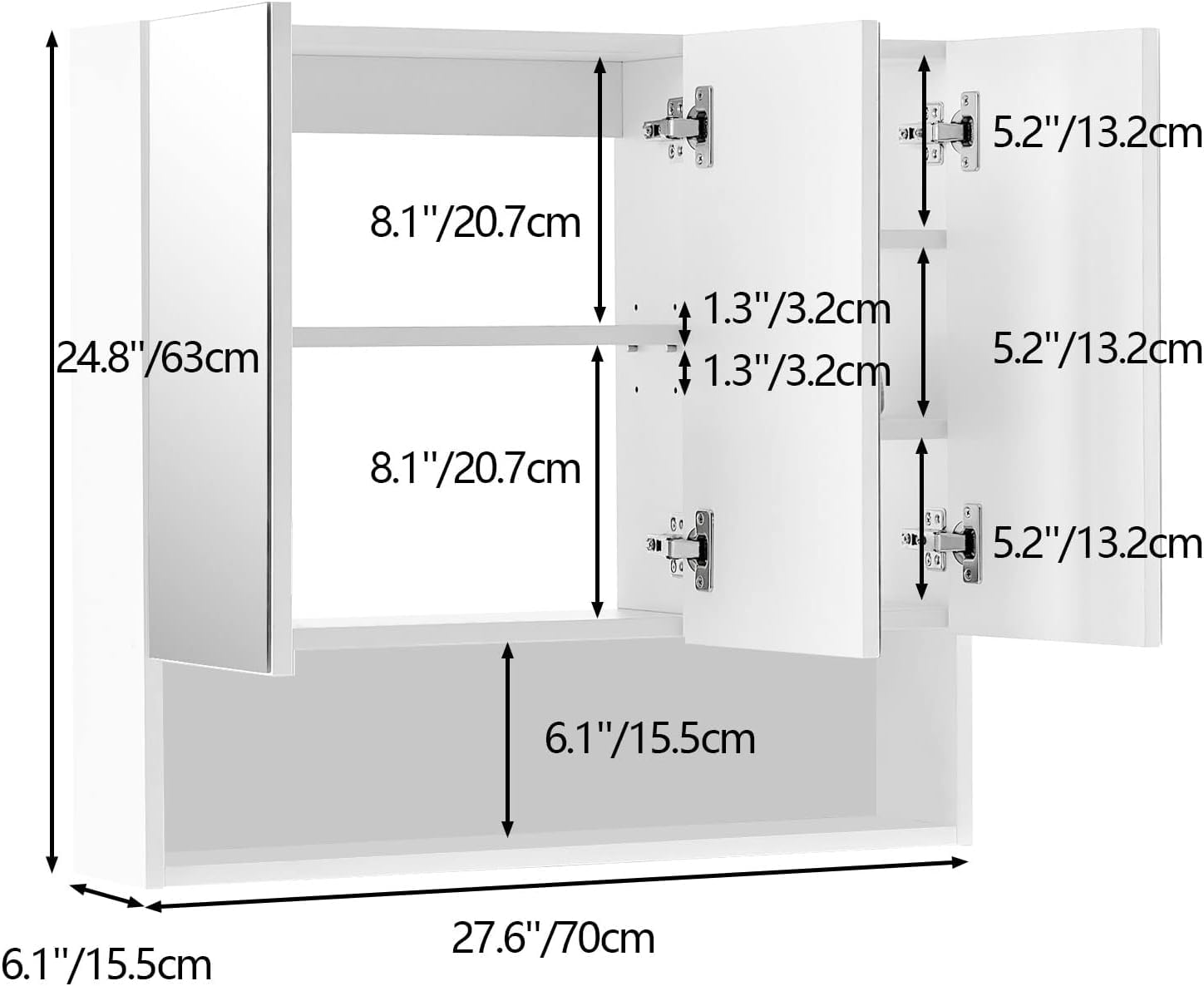 CLIPOP Armarios con Espejo para Baño, Montado en la Pared, 3 Puertas Armario de Baño con Estante Abierto y Estantes Ajustables, Armarios con Espejo for Dormitorio, Sala de Estar