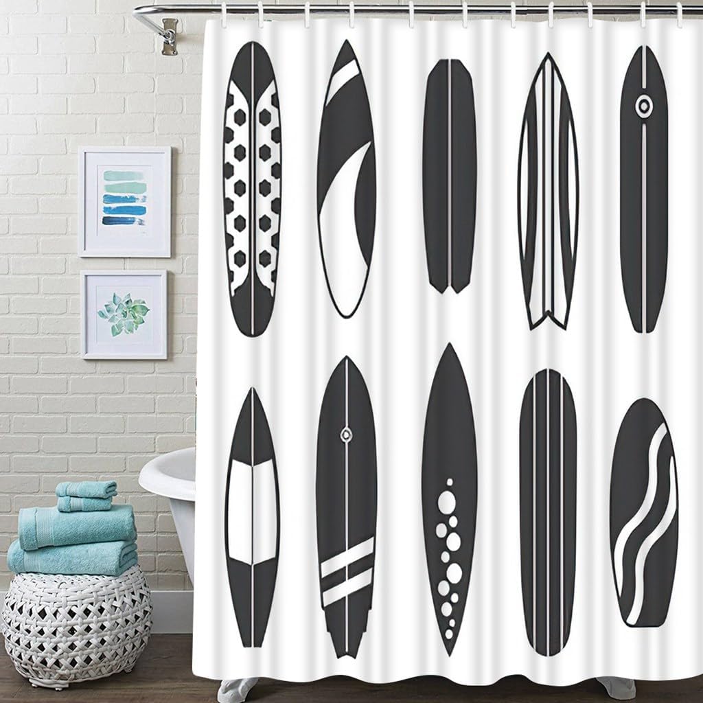 Surf Surfboard Shower Curtain Set Flat Surfboard Icons Various Styles Black White Design Bathroom Curtains Polyester Fabric Waterproof Bath Curtains Decor 72" W x 78" L with Hooks
