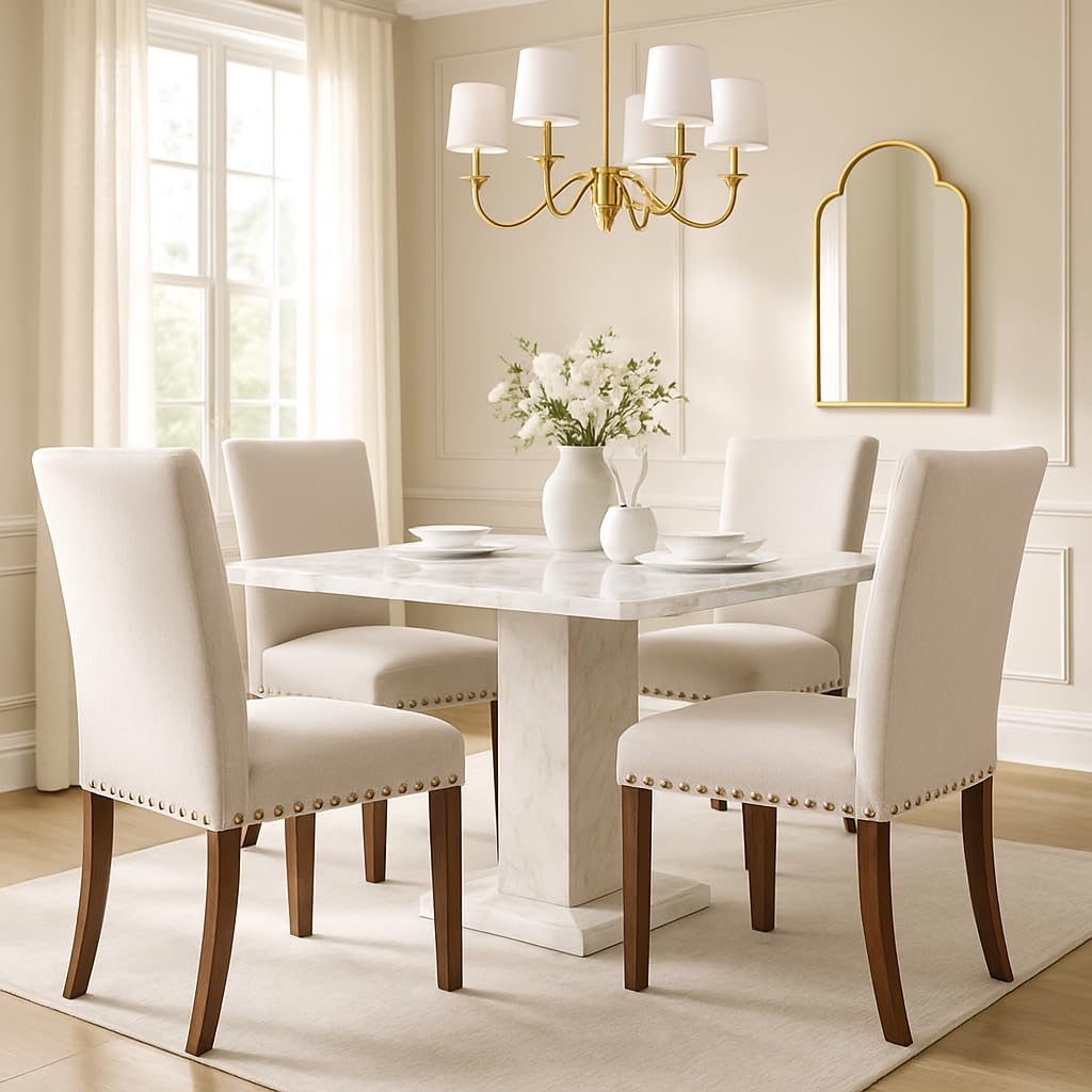 Set of 4 Beige Upholstered Dining Chairs – Farmhouse Kitchen Chairs with High Back, Solid Rubberwood Legs, Padded Foam Seat & Bronze Nailhead Trim,