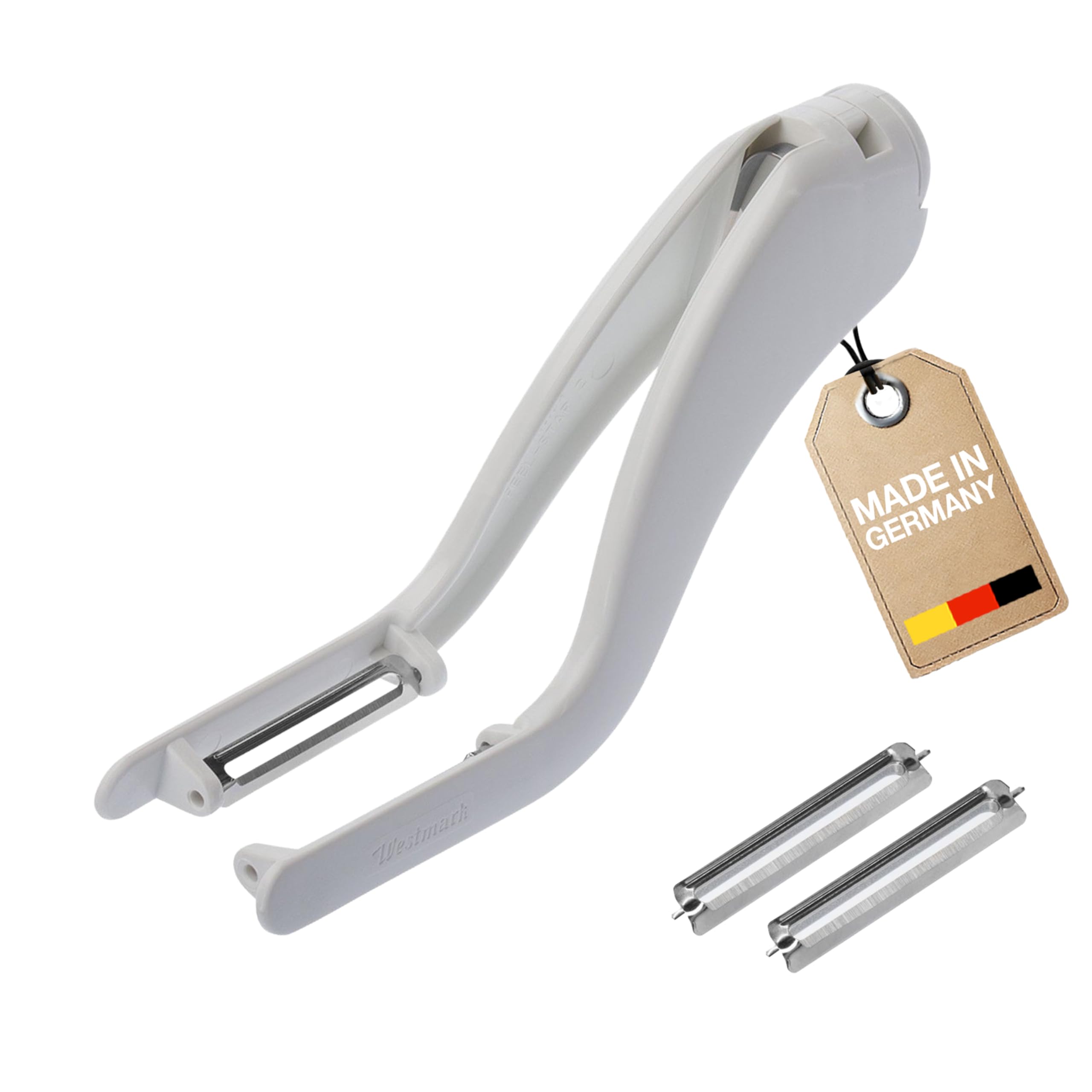 Westmark Gemüse- und Doppelschäler/Spargel-Schäler, inklusive 2 Ersatz-Edelstahlklingen, Peel-Star KS, Kunststoff, Weiß/Silber, 60622E6