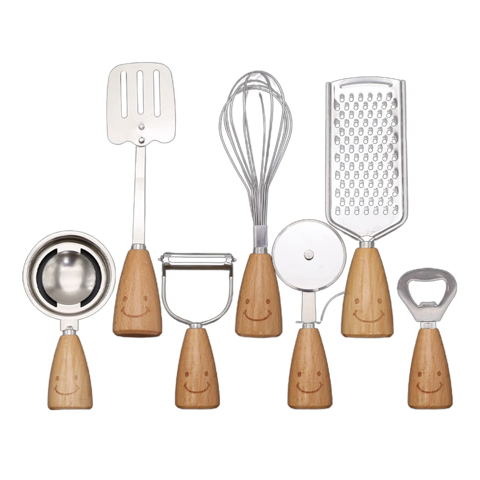 MALSSE 7Pcs Cute Face Kitchen Gadget Set Wooden Handle Grater Whisk Peeler Can Opener Spatula Kitchen Utensil Accessories Silicone Utensils Set Dishwasher Safe Wooden Handle Utensils