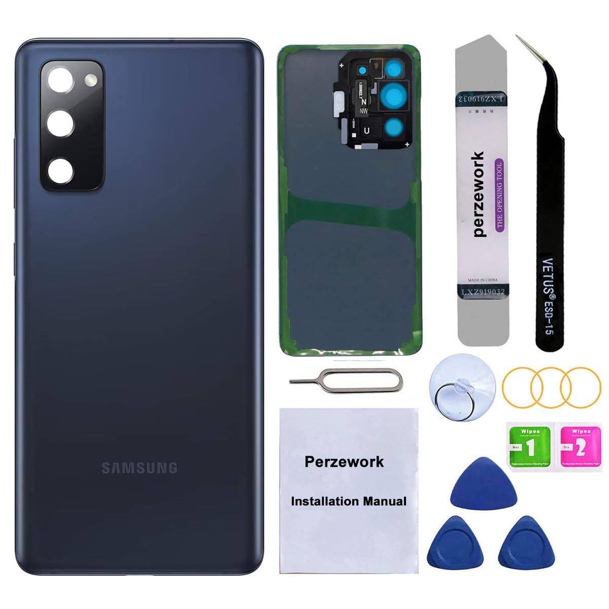 Perzework Rear Back Glass Replacement for Samsung Galaxy S20 FE 6.5 inches with Reparing Toolkit and Pre-Installed Camera Lens (Cloud Navy)