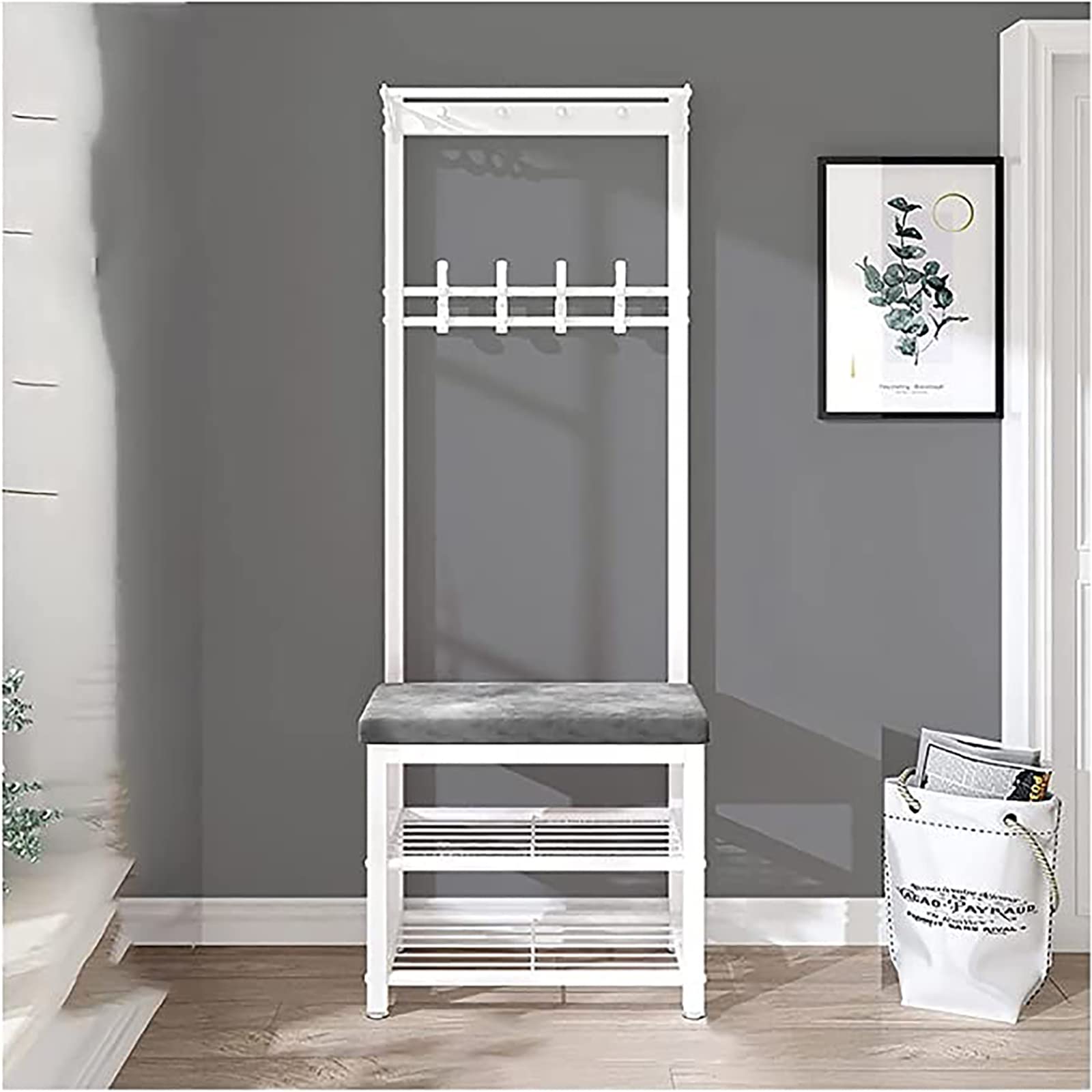 Banc d'entrée gain de place CushCact pour ranger les chaussures et suspendre les vestes