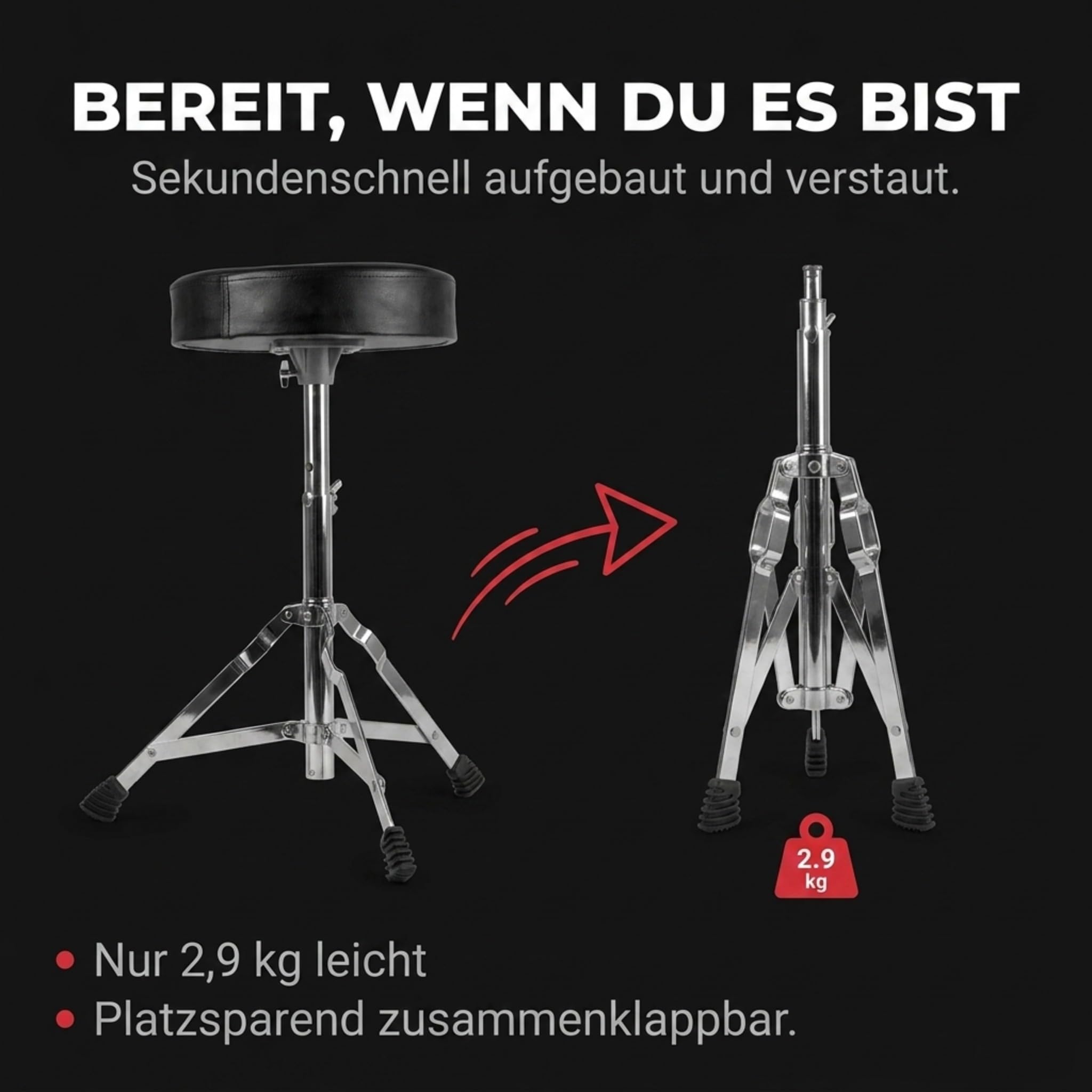 Technote RockJam Verstellbarer Schlagzeughocker, gepolsterter Drehsitz für akustische und elektronische Drumsets, 45-55 cm Höhe, klappbar, Schwarz