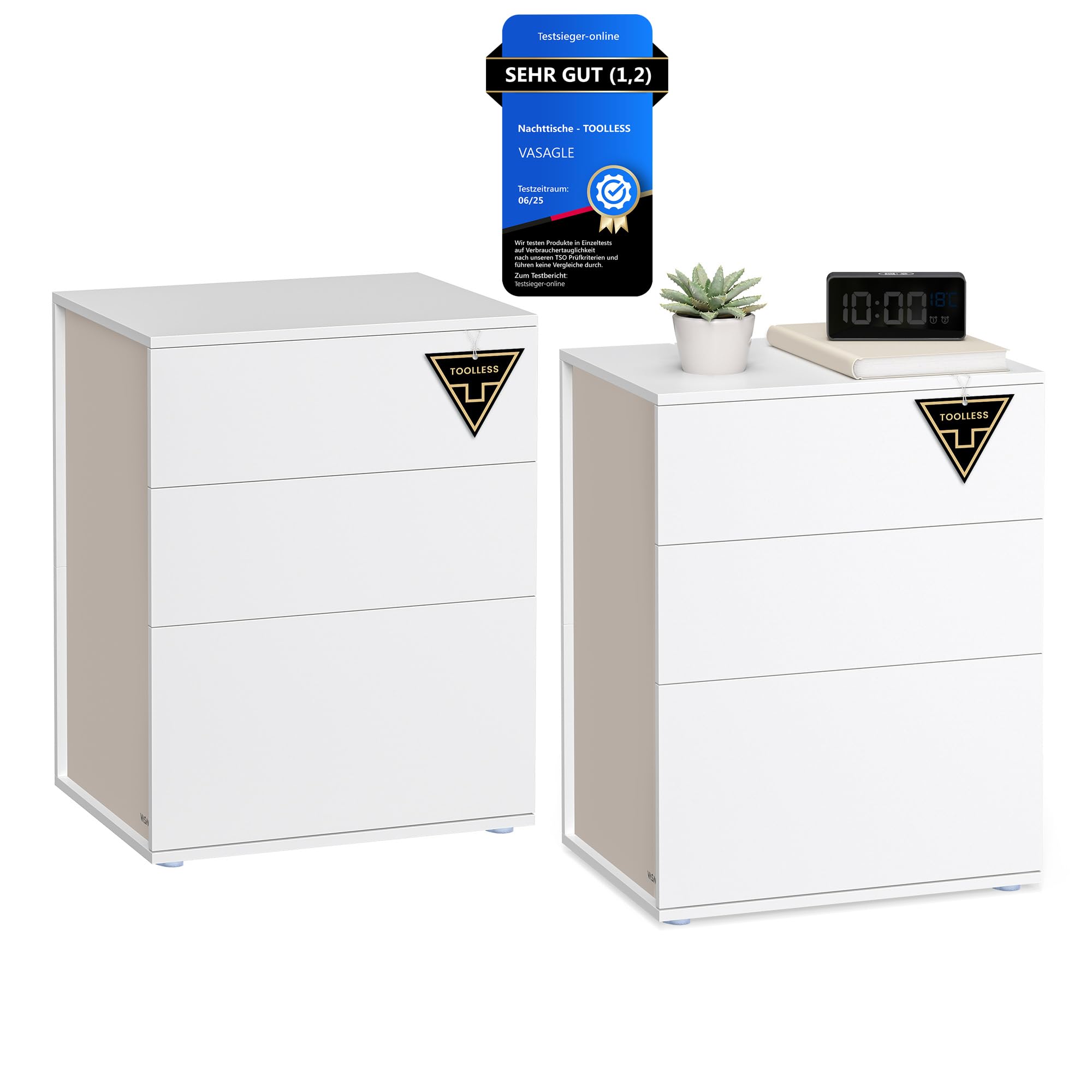 VASAGLE Nachttisch, superschnelle werkzeuglose Montage, Toolless-Technologie, Beistelltisch 3 Schubladen, Nachtschrank, Schlafzimmer, Wohnzimmer, mattweiß-cappuccinobeige LET778W01